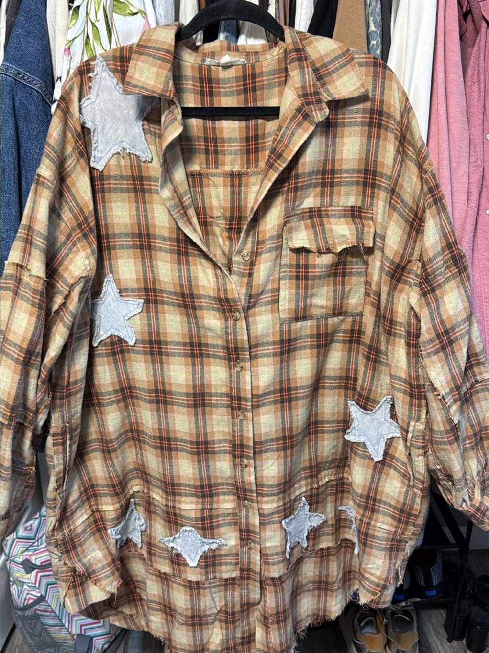 Blue Velvet Plaid Button-Up Shirt with Star Patches - Tan & Brown
